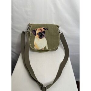 Fuzzy Nation Pug Dog Canvas Crossbody Bag Olive Green Distressed Messenger Mini